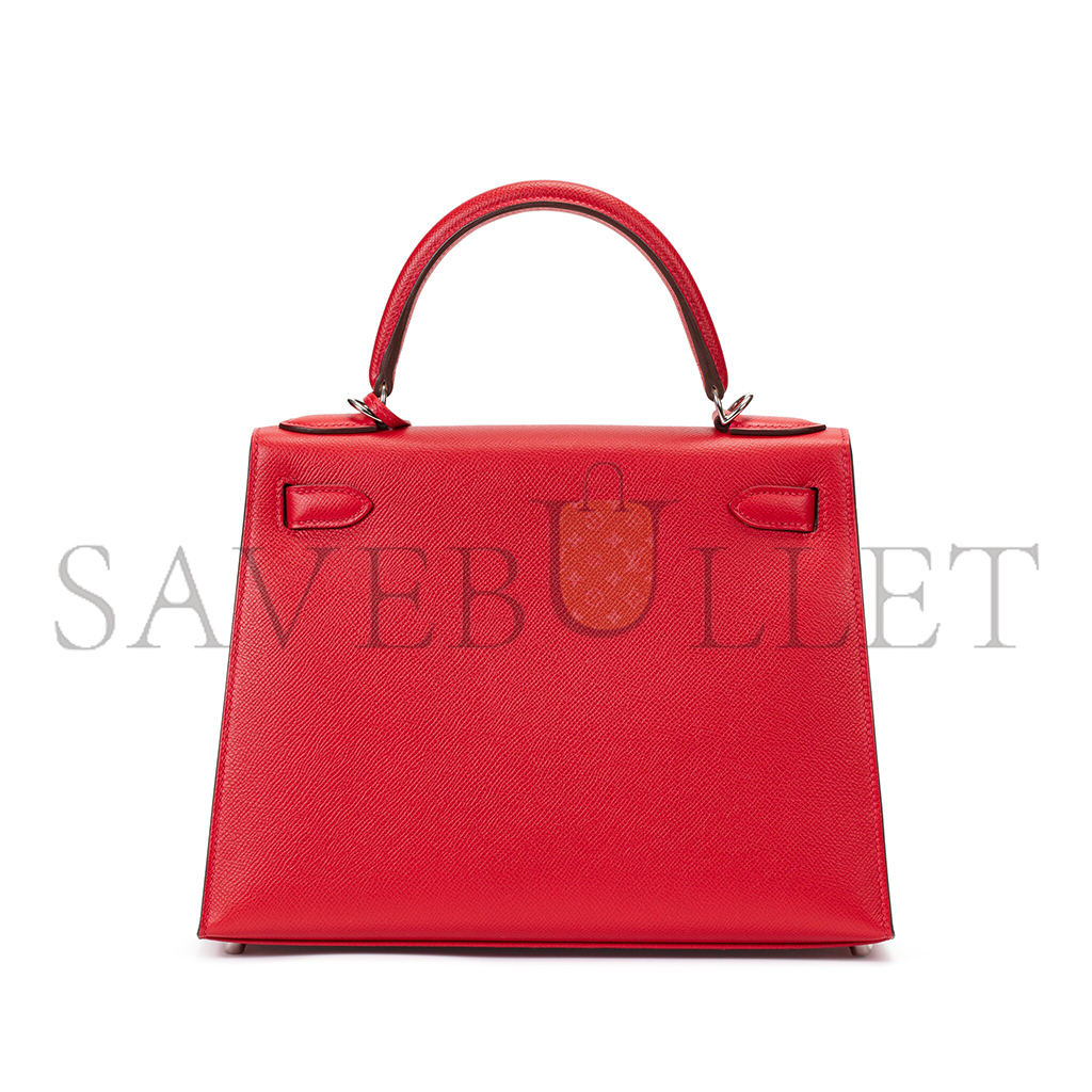 HERMÈS ROUGE CASAQUE EPSOM SELLIER KELLY 25 PALLADIUM HARDWARE (25*17*7cm) 